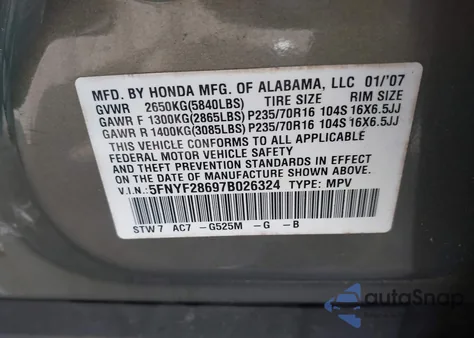 2007 Honda Pilot Ex-L z USA, uszkodzony, nr VIN 5FNYF28697B026324